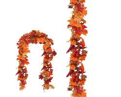 Herfst Esdoornblad Slinger-2-pack-Herfst decoratie kunstmatige esdoornblad slinger -Lengte 175cm-Herfstdecoratie voor Halloween Feest- Kunstesdoornbladeren-Geschikt voor binnen- en buitendecoratie voor een Thanksgiving-huwelijksfeest met familiethema