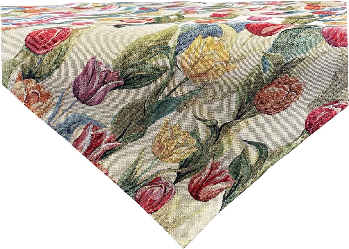 Tafelkleed - luxe gobelinstof - Tulpen - Rood - Geel - Oranje - Vierkant 100 x 100 cm