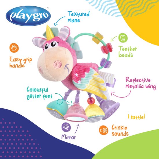 Playgro Clip Clop Rammelaar Unicorn Eenhoorn Roze - Activiteitenspeeltje - Rammelaar - Kraamkado - Baby speelgoed - Babyspeeltje - Kinderwagenaccessoire - Knuffeldier - Baby rammelaar - Bijtspeelgoed - Grijpspeelgoed - Baby