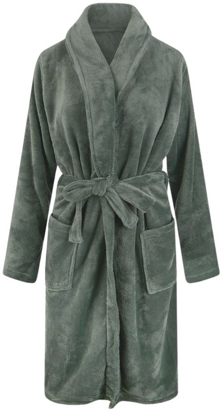Foto: Unisex badjas fleece sjaalkraag olijf groen badjas heren badjas dames maat s m