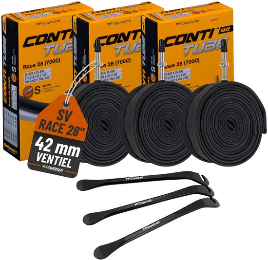 Drie gemonteerde Continental Race binnenbanden, 28 inch, SV 42 mm, met drie MSZweirad bandenlichters.