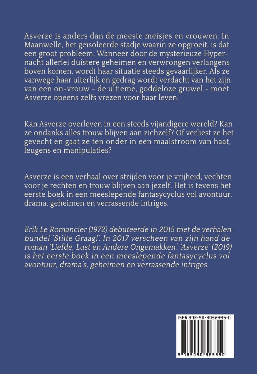 Achterkant van een boek met de titel 'Asverze', ISBN en een korte beschrijving.