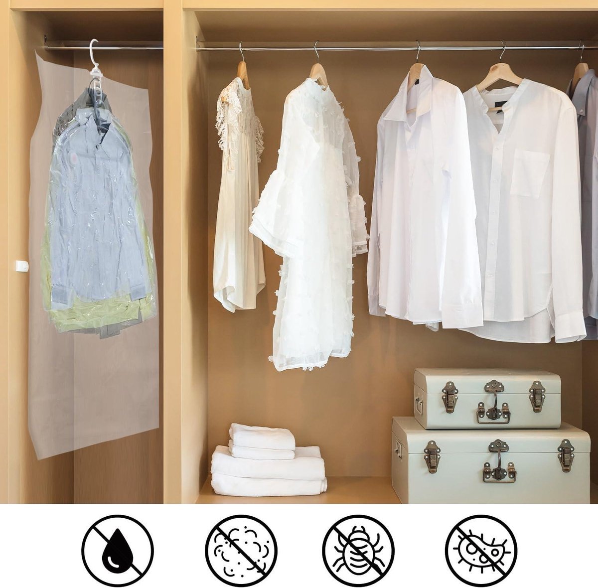 Allecto Plus - Hangende stofzuigerzakken 135x70 cm voor kleding opbergen - ruimtebesparend met 360° draaibare haak - set van 4