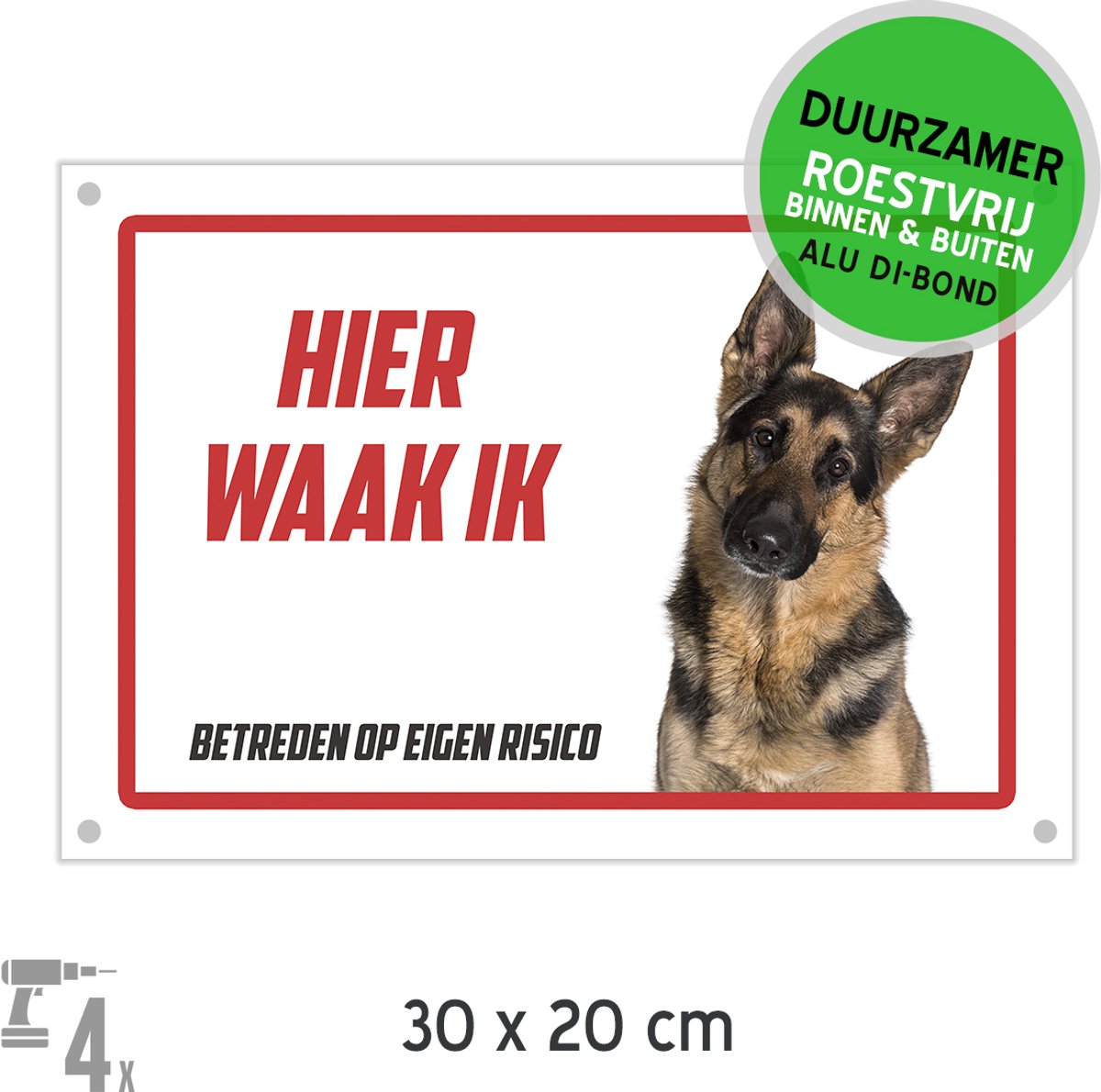 Waakbord Dibond + boorgaten | Duitse Herder | 30 x 20 cm | Herdershond | Waakhond | Betreden op eigen risico | Duurzaam bord | Hond | 1 stuk