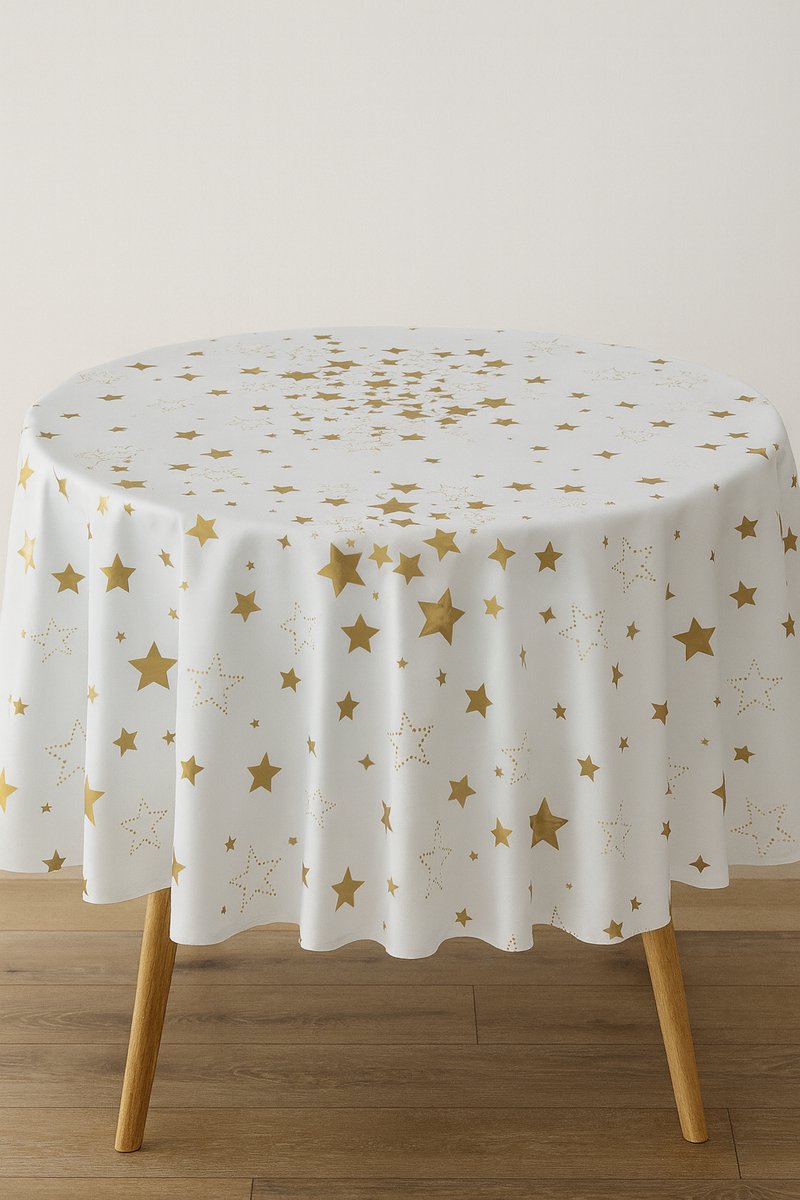 Tafelzeil kerst gouden sterretjes - 138cm rond - afwasbaar tafelzeil op rol geleverd