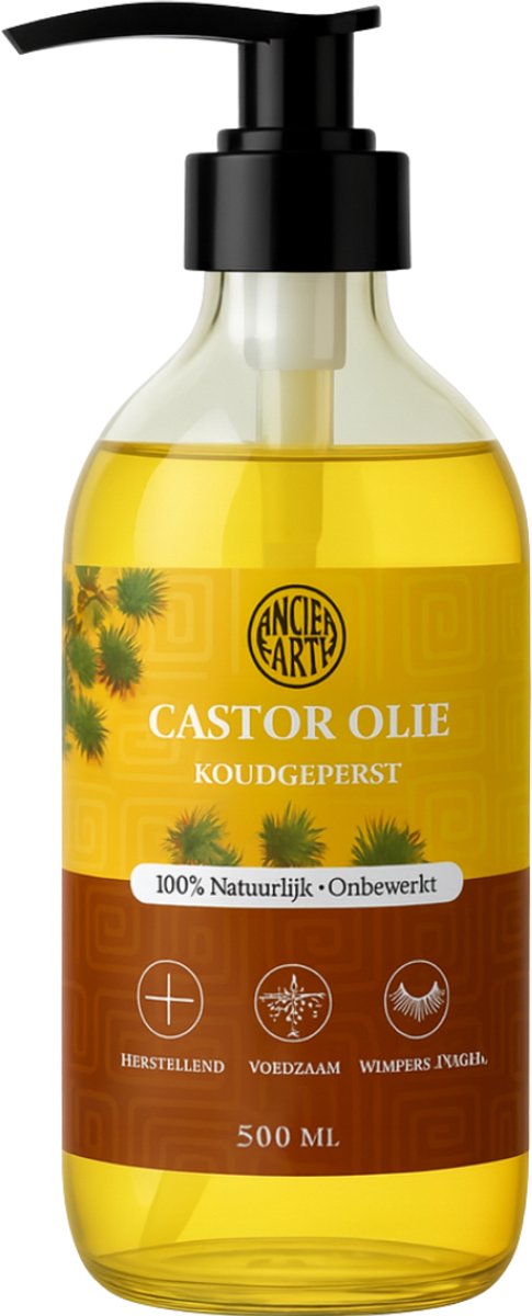 Castor Olie 500ml - Glazen fles met pomp - 100% Puur - Koudgeperst & Onbewerkt - Biologische Castor Olie - Castor Olie voor Wimpers - Hexaanvrij - Wimperserum - Haarolie - Huidolie