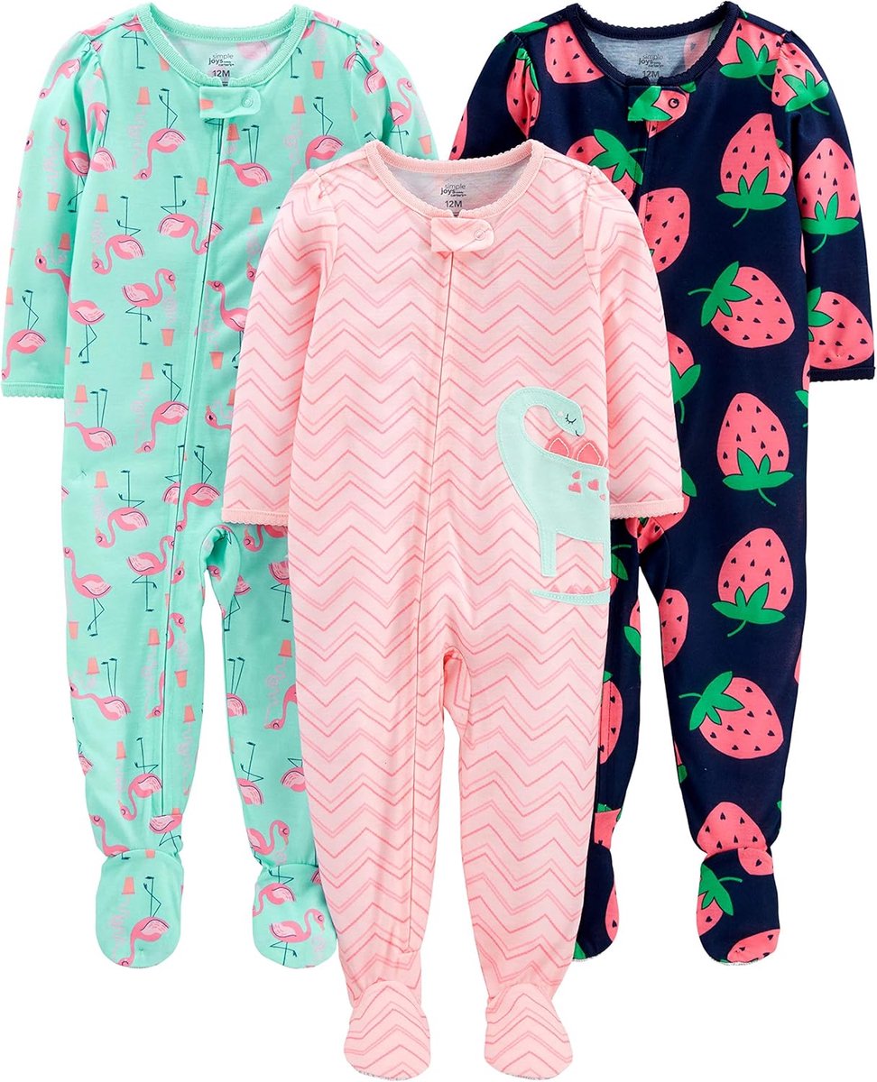 Image of 3-pack Loose Fit Vlamwerende Polyester Jersey Footed Pajama's voor Baby Meisjes