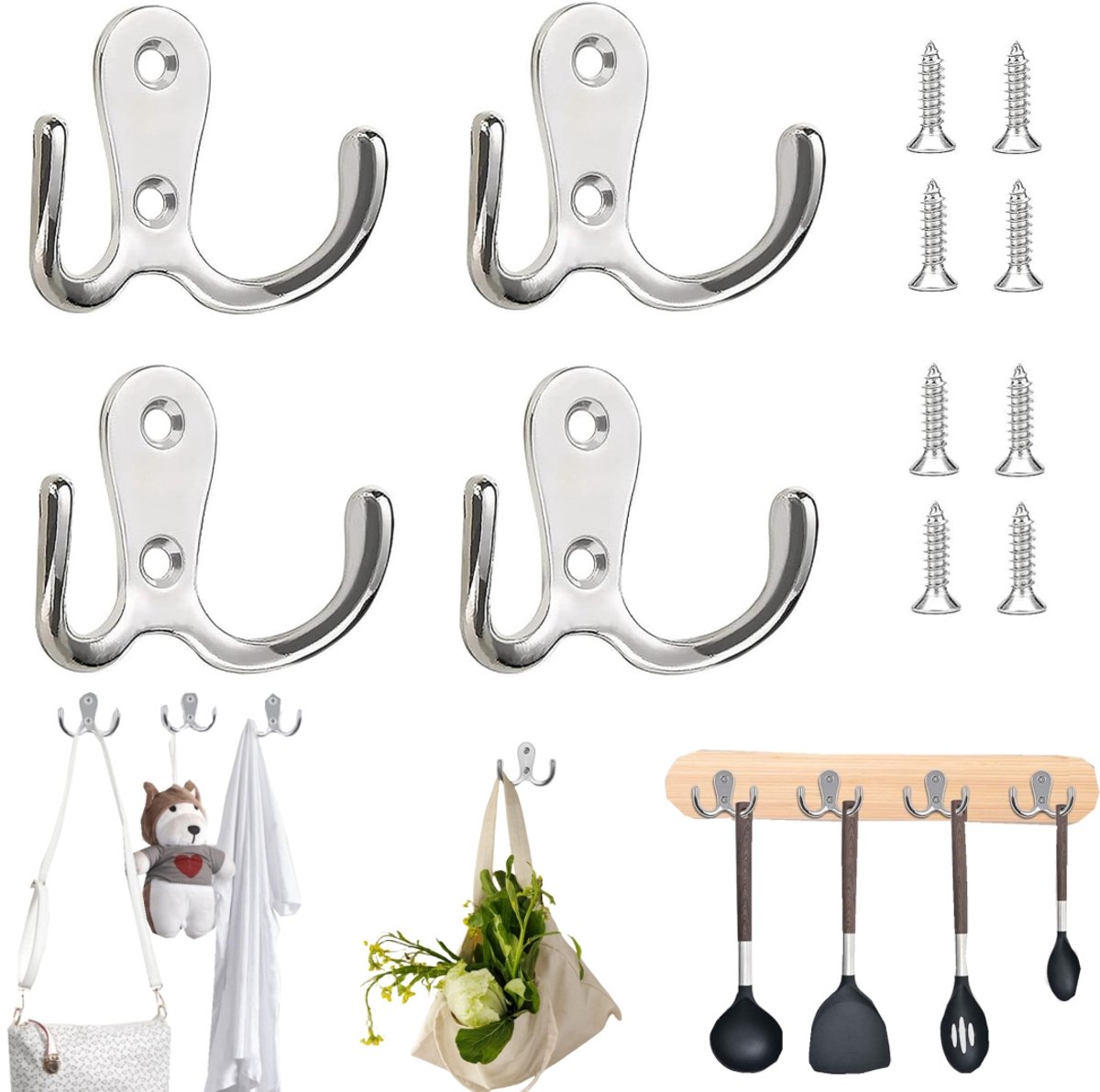 4 stuks haken - kapstokhaak - deur muurhaak - badjashaak - metaal wandhaak - dubbele klauw