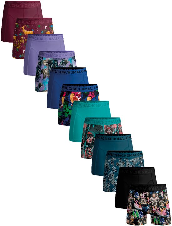 Rij van veelkleurige Muchachomalo boxershorts, van bordeauxrood tot zwart met prints.
