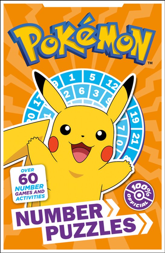 Pikachu met het "Pokémon" logo en "Number Puzzles". "Meer dan 60 nummer spellen en activiteiten."