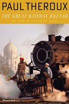 Boekomslag 'The Great Railway Bazaar' met een trein voor de Taj Mahal.