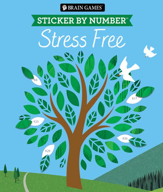 Autocollant par Numéro Anti-Stress : un arbre aux feuilles vertes, autocollants numérotés et colombes blanches sur fond de ciel bleu.