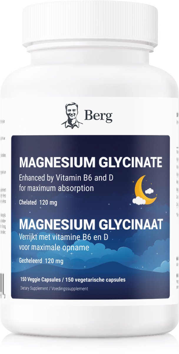 Berg Magnesium Bisglycinaat 400 mg – Met Vitamine D, Vitamine B6 & Zink – 150 Plantaardige Capsules