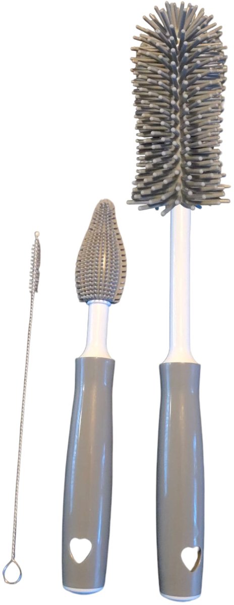 Image of 3-Delig Flessenborstel Grijs - Flessenreiniger - Siliconen Flesvoedingsaccessoires