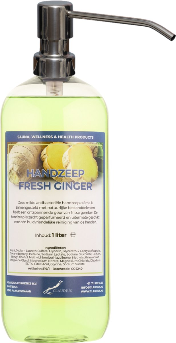 Handzeep Fresh Ginger 1 liter - met gratis RVS zilverkleurige pomp