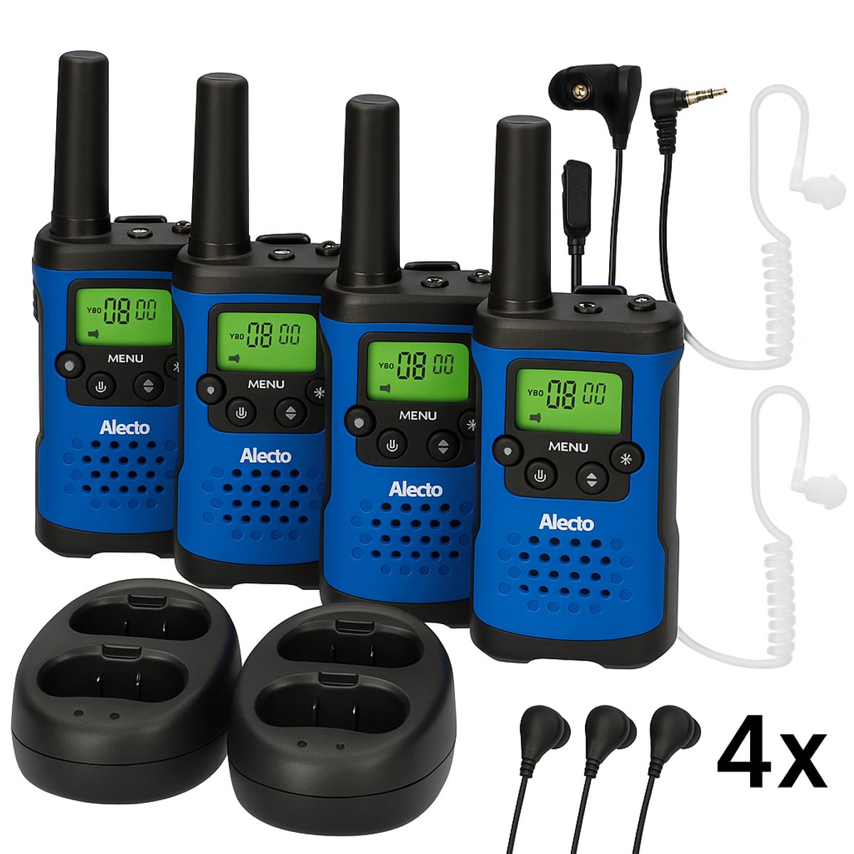 Alecto - Quattro Set - 4 stuks Walkie Talkie + Oplaadstation + 4 maal Earphones Oortjes - Oplaadbaar Accu - Voor Kinderen & Volwassenen