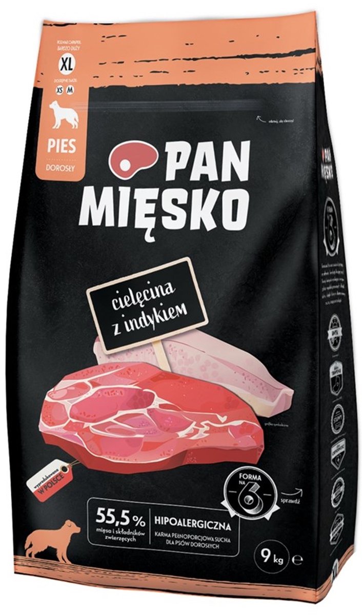 PAN MIĘSKO PAN MIĘSKO - Droogvoer voor Honden - Kalfs- & Kalkoenvlees - Volwaardig & Natuurlijk - Ondersteunt Spijsvertering & Vachtgezondheid - 9 kg