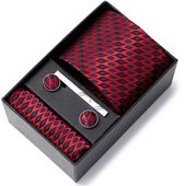 Cravate de Luxe - Set avec Boutons de manchette , pochette et pince à cravate - 4 pièces - Set rouge