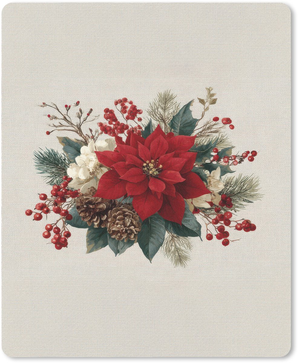 Muismat 19x23 cm - Mousepad Kerststuk - Poinsettia - Dennenappels - Rood - Muismatten
