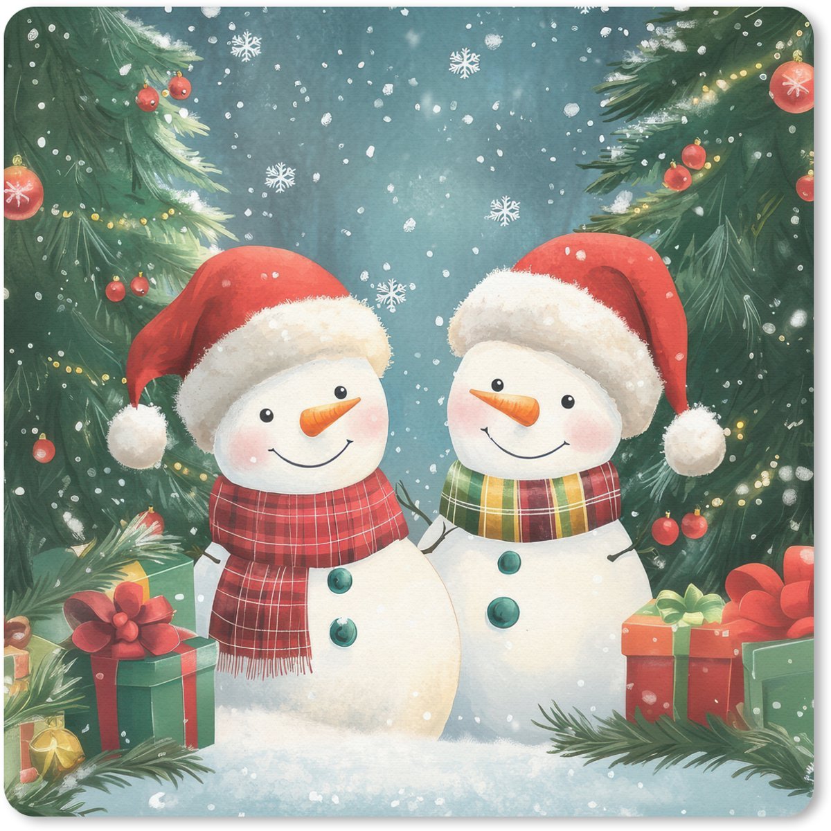 Muismat 20x20 cm - Mousepad Sneeuwpop - Kerstsneeuw - Groen - Rood - Muismatten