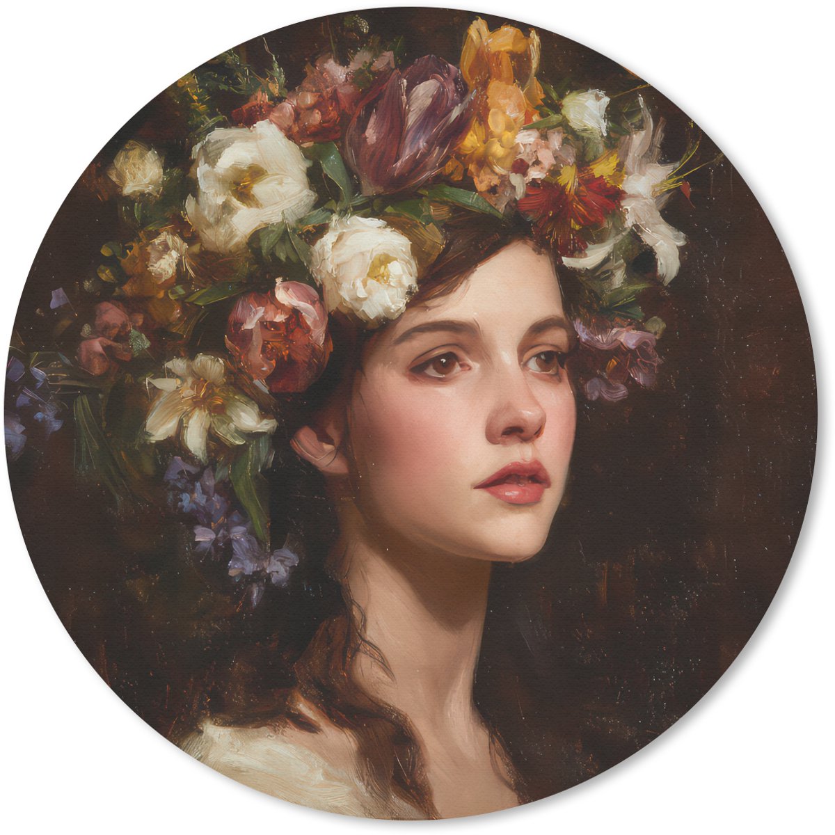 Muismat rond 20x20 cm - Mousepad Portret - Vrouw - Bloemen - Ronde muismatten