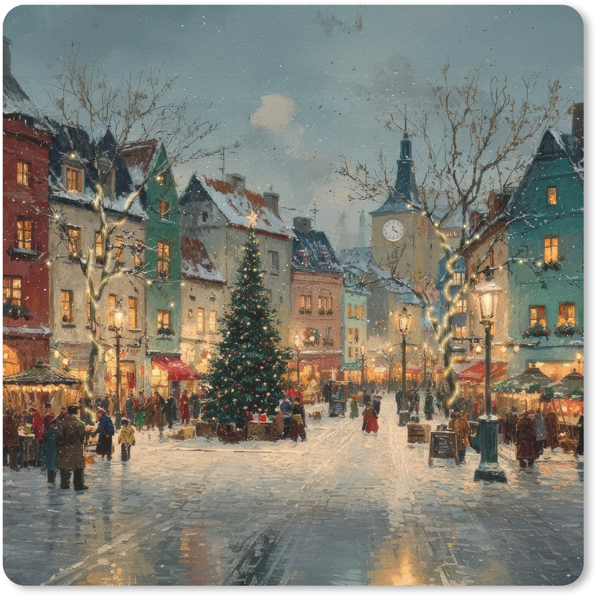 Muismat 30x30 cm - Mousepad Kerstsfeer - Stadsplein - Kleurrijk - Muismatten