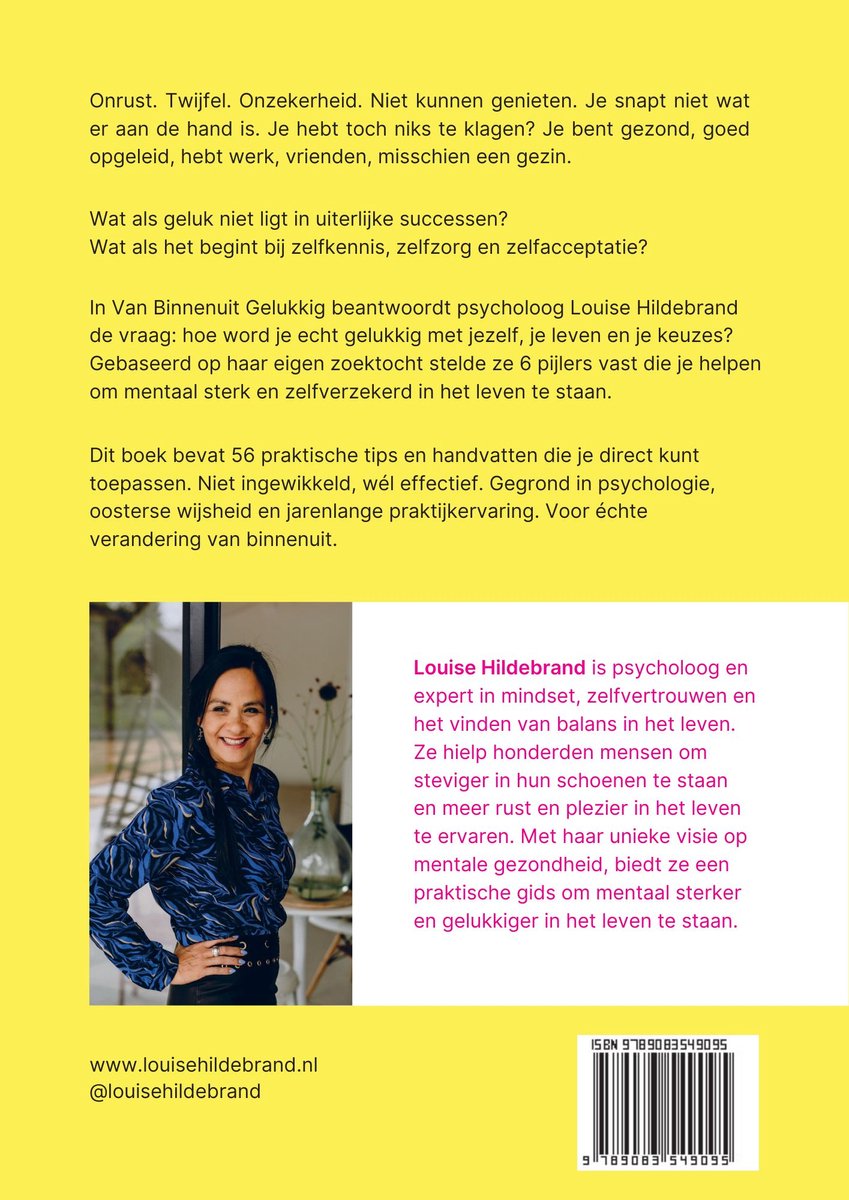 Achterkant van het boek 'Van Binnenuit Gelukkig' met een foto van Louise Hildebrand, haar biografie en ISBN-nummer.