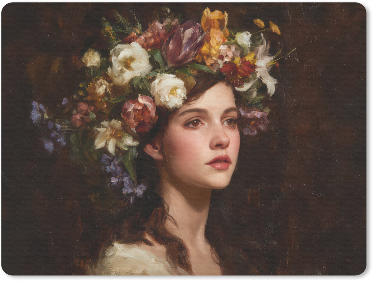 Muismat 23x19 cm - Mousepad Portret - Vrouw - Bloemen - Muismatten