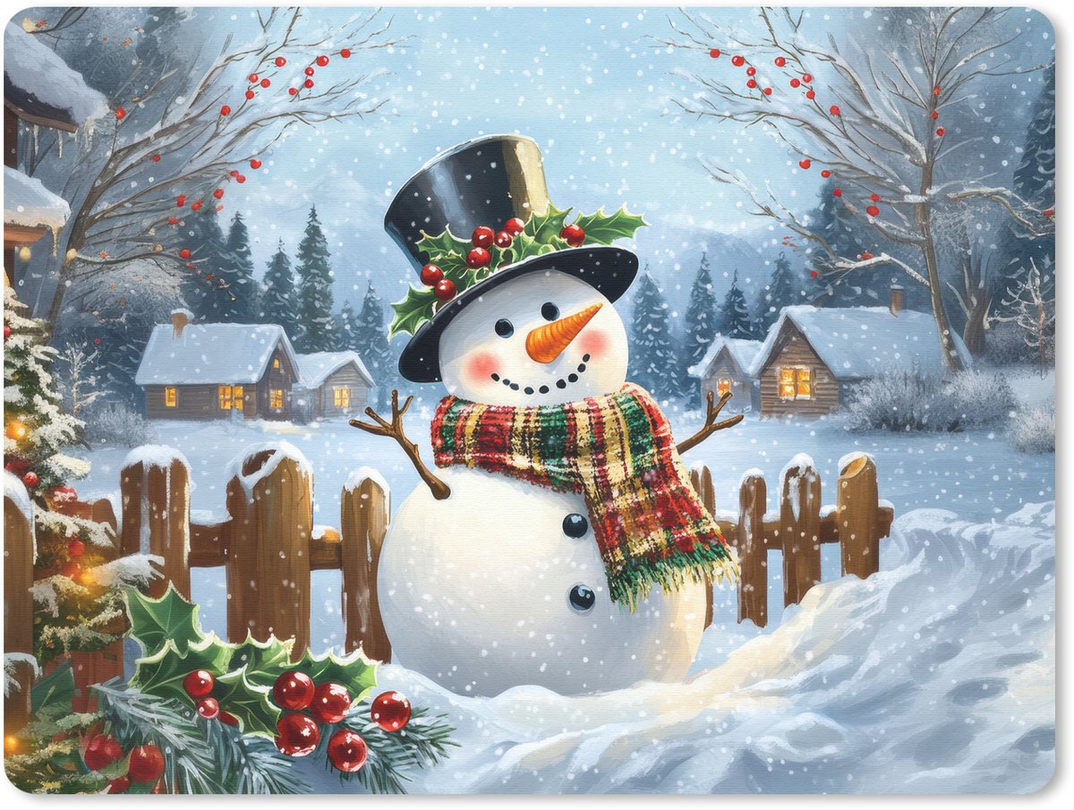 Muismat 23x19 cm - Mousepad Sneeuwpop - Winterdorp - Kleurrijk - Muismatten