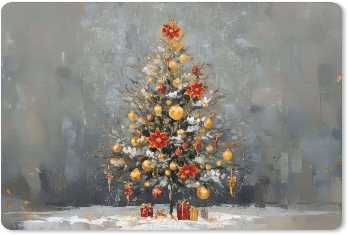 Muismat 27x18 cm - Mousepad Kerstboom - Cadeaus - Rood - Goud - Muismatten