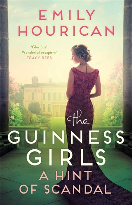 Boekcover met vrouw in rode jurk, voor een landhuis. Tittel: The Guinness Girls – A Hint of Scandal.