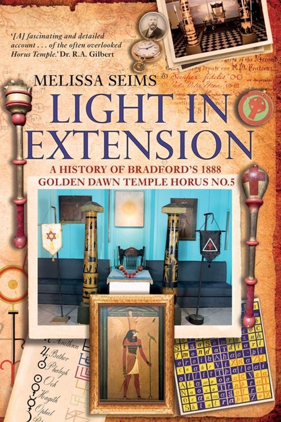 Boekcover "Light in Extension" door Melissa Seims, met tekst en symbolen in een historische stijl.