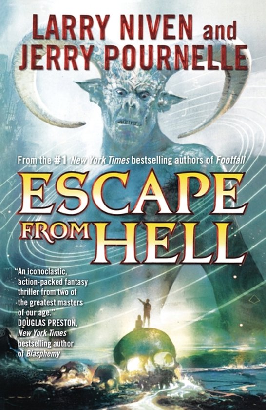 Boekcover met demonische figuur en twee kleine mensen op een schedel, titel Escape From Hell.