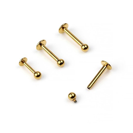 Labret en titane 1 mm - Barre de 7 mm - Boule de 2 mm - Fermoir interne - Or - Piercing - Piercing labret - Bijoux Lev - Barre de piercing nez - Piercing tragus - Or - Piercing oreille