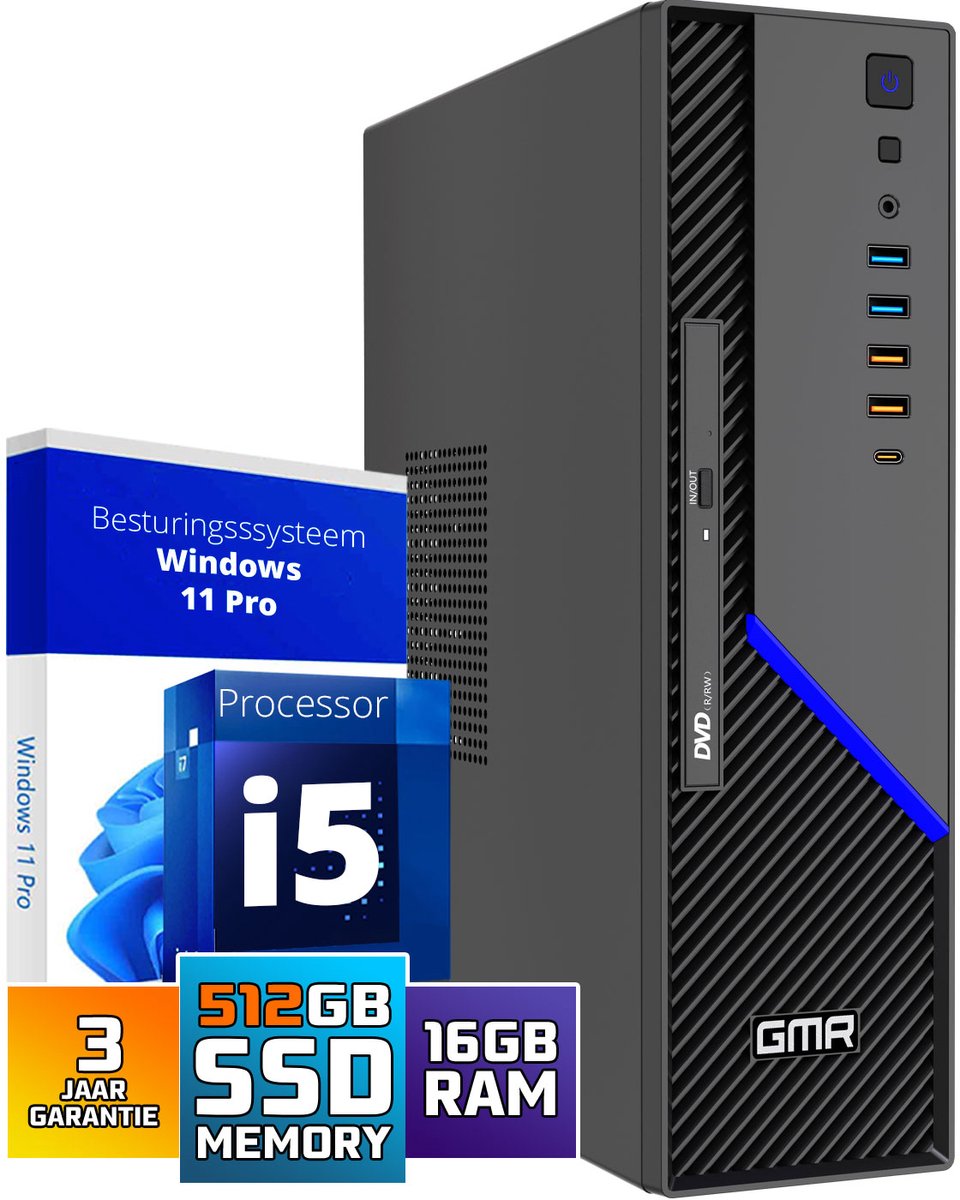 GMR Ultra SFF i5 Office PC - Business Office Computer | 16 GB RAM | 512GB SSD M.2 | DVD±RW | Windows 11 Pro | WiFi-Bluetooth