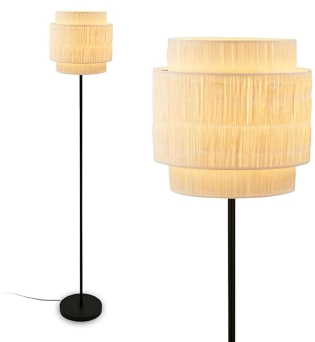 Boho Vloerlamp met Raffia Schaduw - Decoratieve Leestlamp voor Woonkamer - 165 cm Hoog, E2