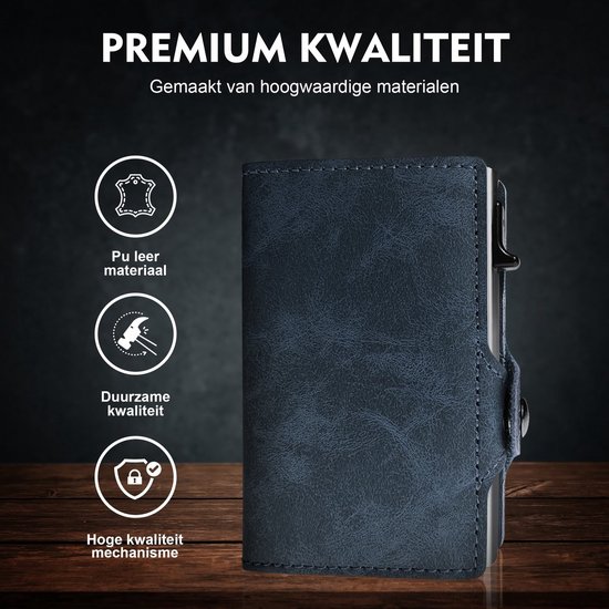 Blauwe pasjeshouder van PU leer materiaal. Premium kwaliteit, duurzaam en met een kwaliteitsmechanisme.