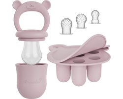 Broemba Baby Fruitspeen + 3 spenen & IJsblokjesvorm - Babyhapjes bewaarbakjes - 100% siliconen Fopspeen Roze - Sabbelzakje met bijtring