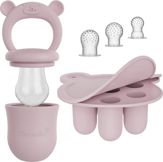 Broemba Baby Fruitspeen + 3 spenen & IJsblokjesvorm - Babyhapjes bewaarbakjes - 100% siliconen Fopspeen Roze - Sabbelzakje met bijtring
