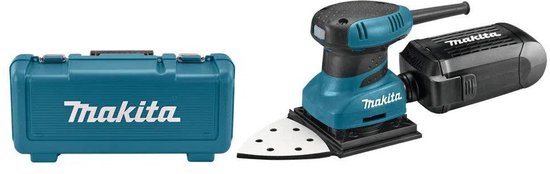 Turquoise Makita opbergkoffer en turquoise/zwarte Makita schuurmachine met delta schuurzool.
