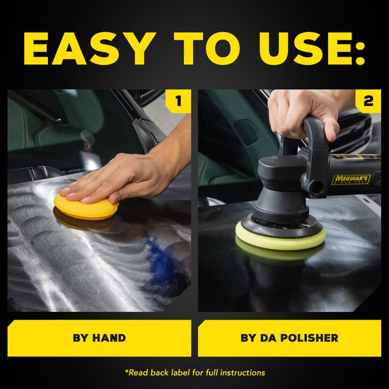 Twee stappen: handmatig aanbrengen van polijstmiddel op auto, en machinaal polijsten met polijstmachine. Tekst: EASY TO USE: BY HAND, BY DA POLISHER.