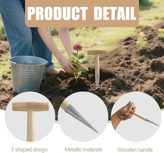 Plantengereedschap voor bloembollen van roestvrij staal, 28 cm, met roestvrijstalen punt en T-houten handvat, gereedschap voor het planten van bollen, zaden en zaailingen, ergonomisch tuingereedschap van Merkloos	 — afbeelding 5