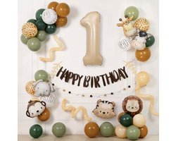 Jungle Verjaardagsdecoratie Set – 55-delige Ballonnen Set met Dieren Thema – Happy Birthday Slinger, Giraffe & Leeuw Ballonnen – 1 Jaar Feestversiering – Kinderfeest Jungle Thema – Groen, Bruin & Goud