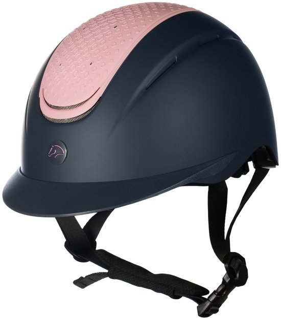 Donkerblauwe rijhelm voor kinderen met roze accenten, verstelbare bandjes en een paardenlogo.