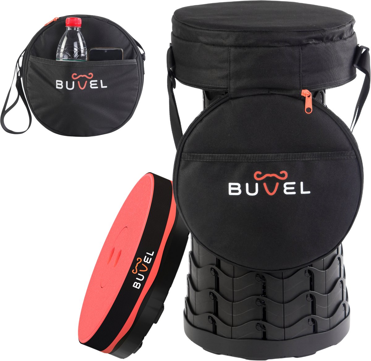 Buvel® Opvouwbare kruk - Kruk - Krukje - Campingstoel - Inklapbaar - Telescopisch - Visstoel - Voetensteun - Rond rood met kussen
