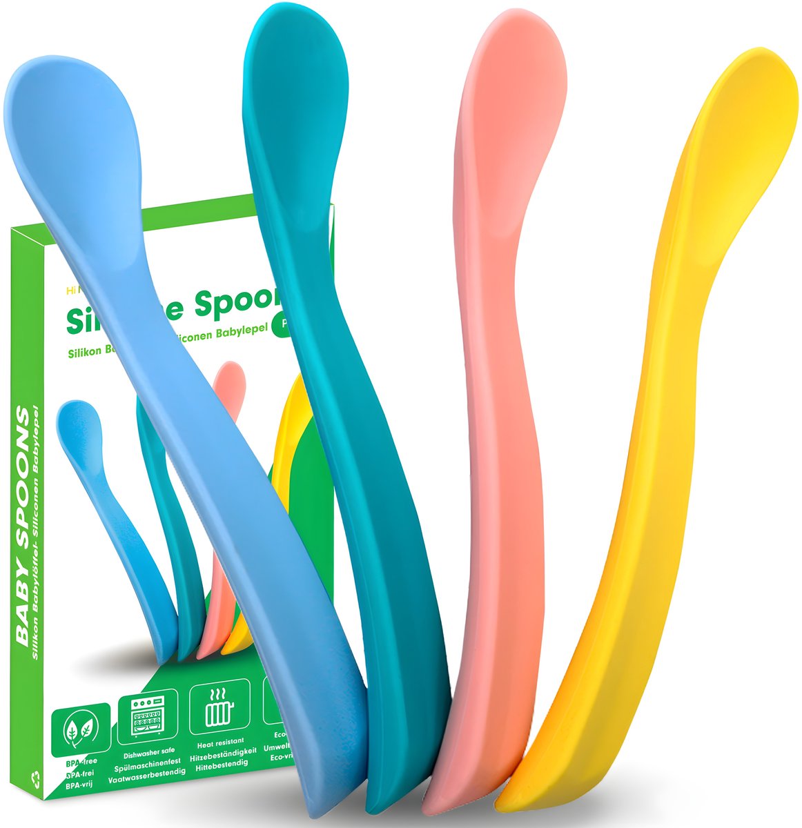 HI NATURE™ Baby lepeltjes - Siliconen babylepel (4 stuks) - 100% BPA vrij eetlepel - Baby lepeltjes - Siliconen babylepel met zachte boord - babybestek oefenlepel