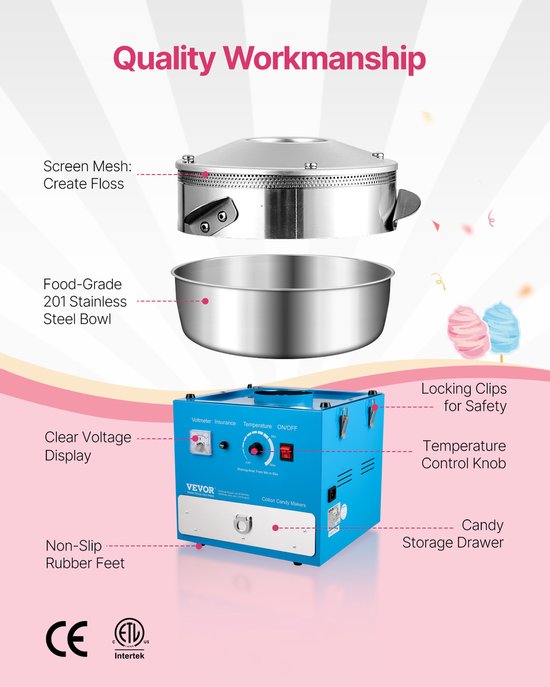 VEVOR Commerciële Suikerspinmachine Suikerspinmaker 1000W Feestblauw — afbeelding 3