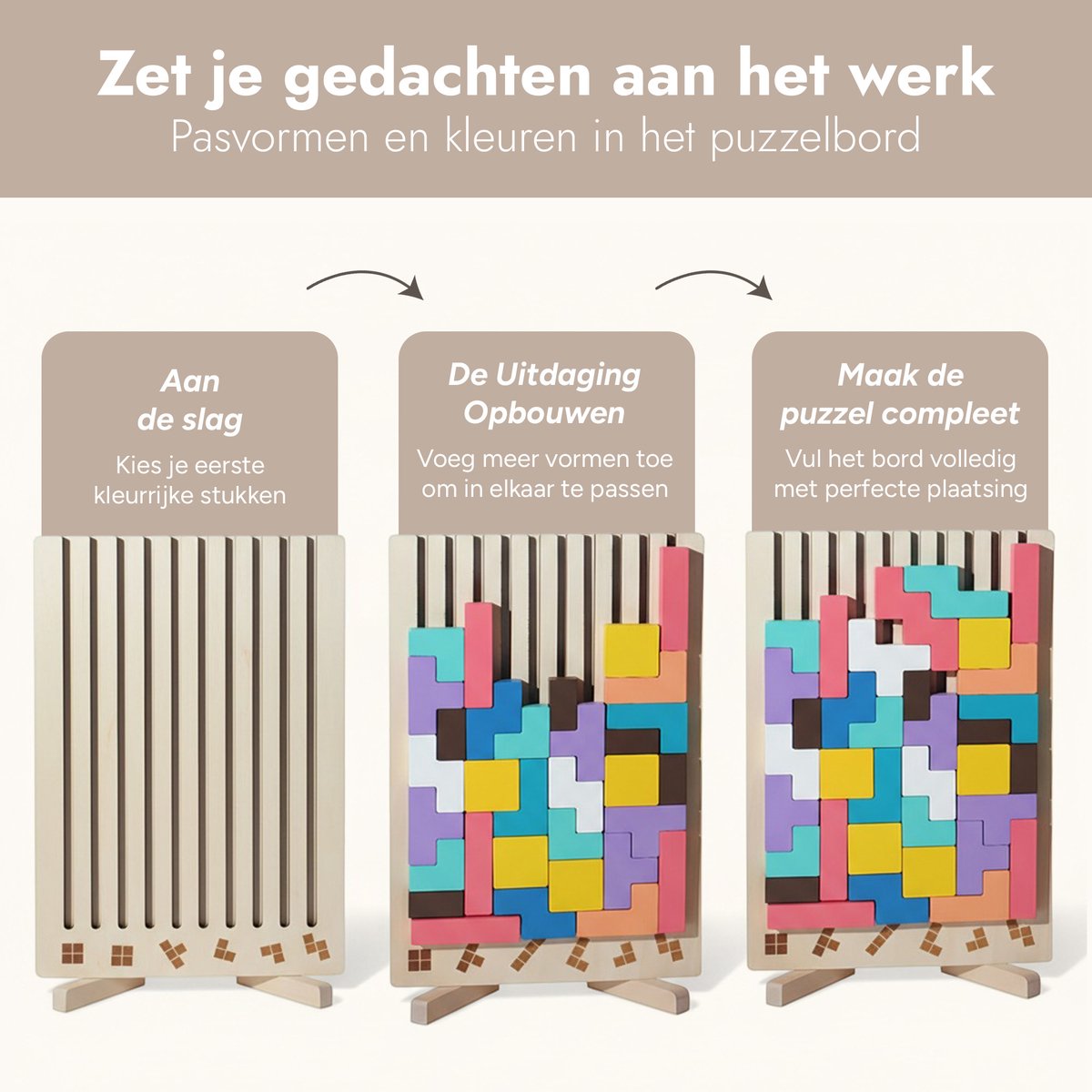 Bitey Houten Speelgoed Tetris Puzzel - Kinder Speelgoed - Leren & Spelen - Educatief Peuter & Kleuter Speelgoed 3 jaar – 3D Blokken met Houder + Opdrachtkaarten — afbeelding 2