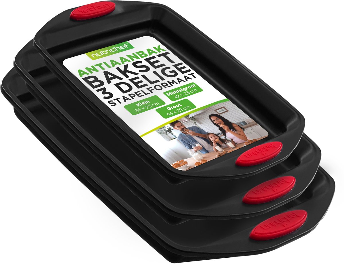 NutriChef 3-Delige Bakvormen Set - Premium Antiaanbak Bakplaten van Koolstofstaal met Siliconen Handgrepen - Zwart