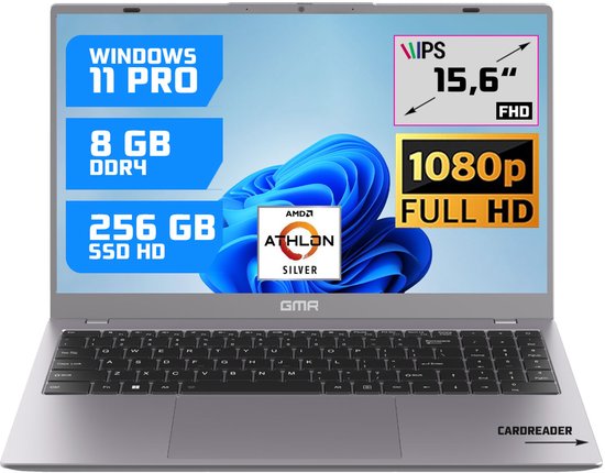 GMR 15.6" Full HD Laptop - 8GB RAM / 256GB SSD - AMD Athlon Silver - Win 11 Pro - Thuis, Office & Studie